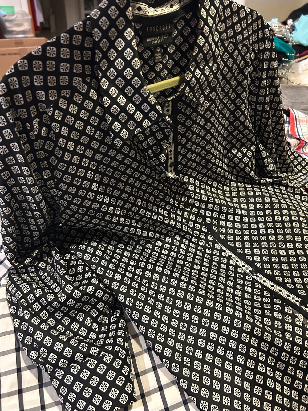 Foxcroft Black Shirt with White Geometric Print